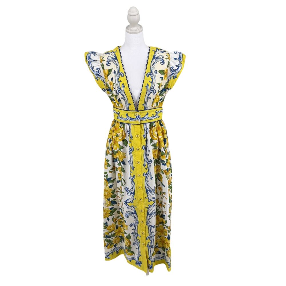 NWT Farm Rio Yellow & Blue Lemon Tile Plunging V-Neck Button Front Maxi Dress